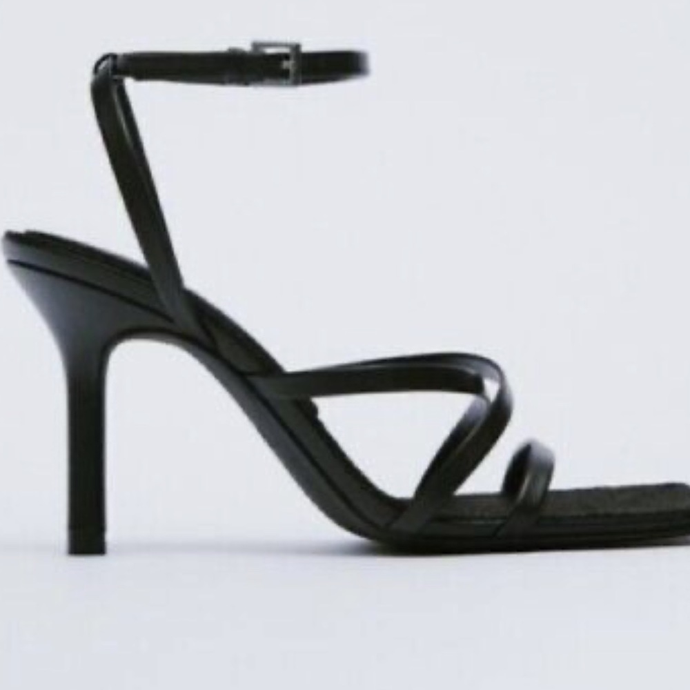 Zara Black Heeled Leather Sandals With Jute Insole